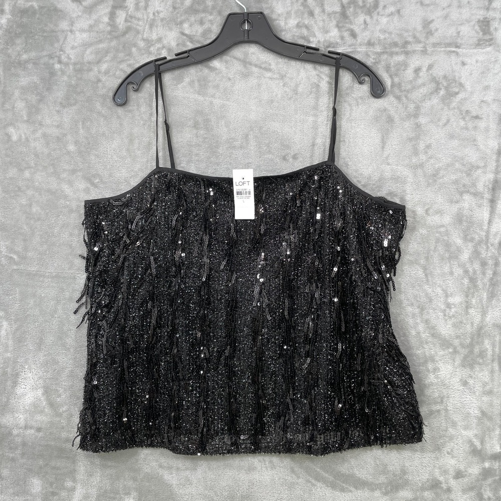 NWT LOFT Sequin Fringe Square Neck  Cami Tank Top Black‎ Size Large Party NEW